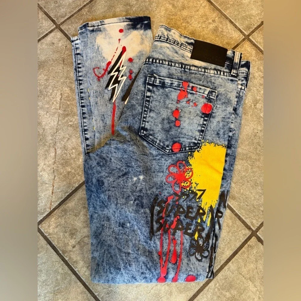 Men's rue21 Premium Supreme Flex‎ Skinny Jeans Graphic Paint Splatter NWT 32x34